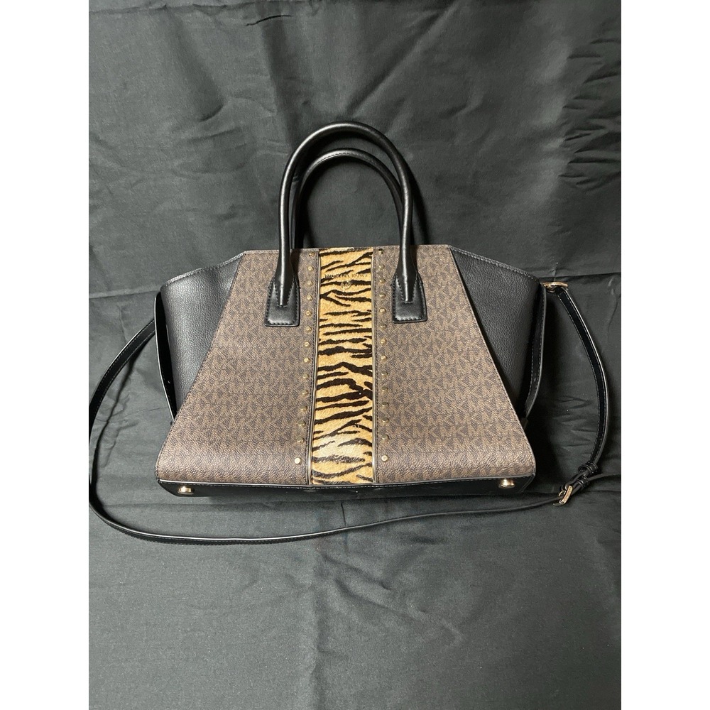 Michael Kors Selma Large Satchel 15" Brown Monogram Tiger Haircalf Bag Purse